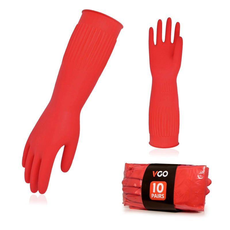 Vgo... 10-Pairs Reusable Household Gloves, Long Sleeve, Thick Latex for Kitchen, Cleaning, Washing, Working, Painting, Gardening, Pet Care (Size M, Red, RB2143) - Image 1